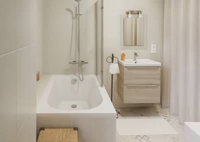Salle de bain ouverte , peinture sur carrelage, chambre d'amis beige et bois