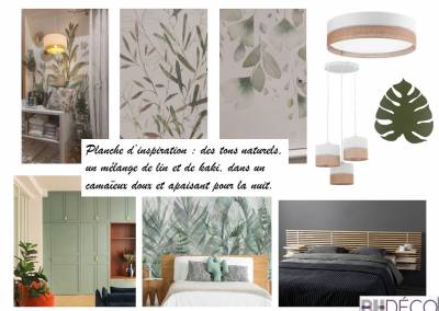 planche d'ambiance chambre parentale des tons natures, papier peint feuillage matériaux bois naturel