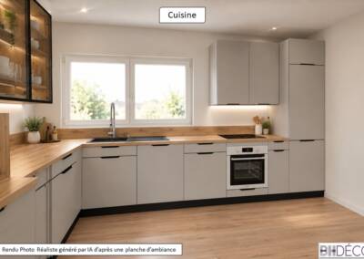 BH-Déco, rendu photoréaliste de la cuisine, coloris gris clair ciment et bois chêne clair -1