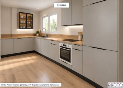 BH-Déco, rendu photoréaliste de la cuisine, coloris gris clair ciment et bois chêne clair -2
