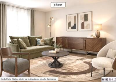 BH-Déco rendu photoréalistesalon cosy, vert et noyer