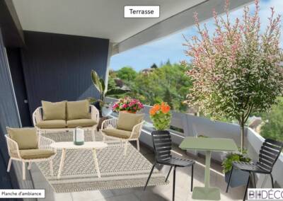 BH-Décp, planche terrasse confortable, petit déjeuner à 2, fleurs