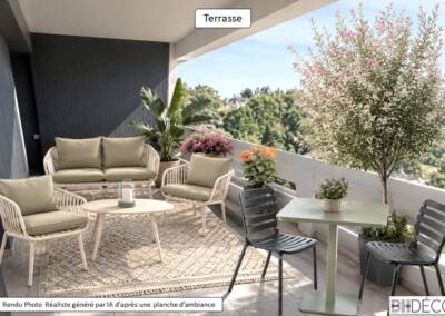 BH-Décp, rendu photoréaliste, terrasse confortable, petit déjeuner à 2, fleurs