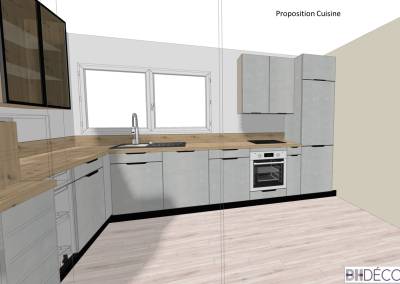 Cuisine BH-Déco, plus d'espace, plan de travail, bois ciment verre