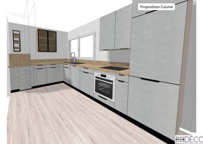 Cuisine BH-Déco, plus d'espace, plan de travail, lave vaisselle lave linge bois ciment verre