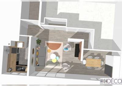 Elévation - Plan 3D de l'ensemble des pièces de vie - proposition d'agencement