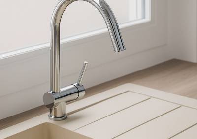 Evier mitigeur rabattable devant la fenêtre par BH-Déco