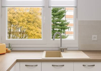 Petite cuisine avec vue sur les jardins, stores jour nuit blancs par BH-Déco